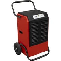 Red Sealey SDH90 industrial dehumidifier with black top, control panel, and wheels for mobility.