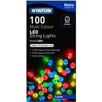 Multicoloured STATUS Lulea 100 LED string lights, 13m length, with green cable for indoor and outdoor use.