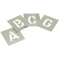 Zinc stencil set featuring letters A, B, C, and G in 1.5-inch size, each on a square metal sheet.