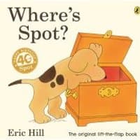 "Children's book 'Where's Spot?' by Eric Hill, featuring a puppy looking inside an open chest on the cover"