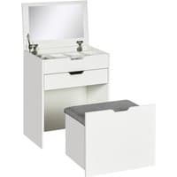 White dressing table set with flip-up mirror, single drawer, storage compartments, and matching cushioned stool.