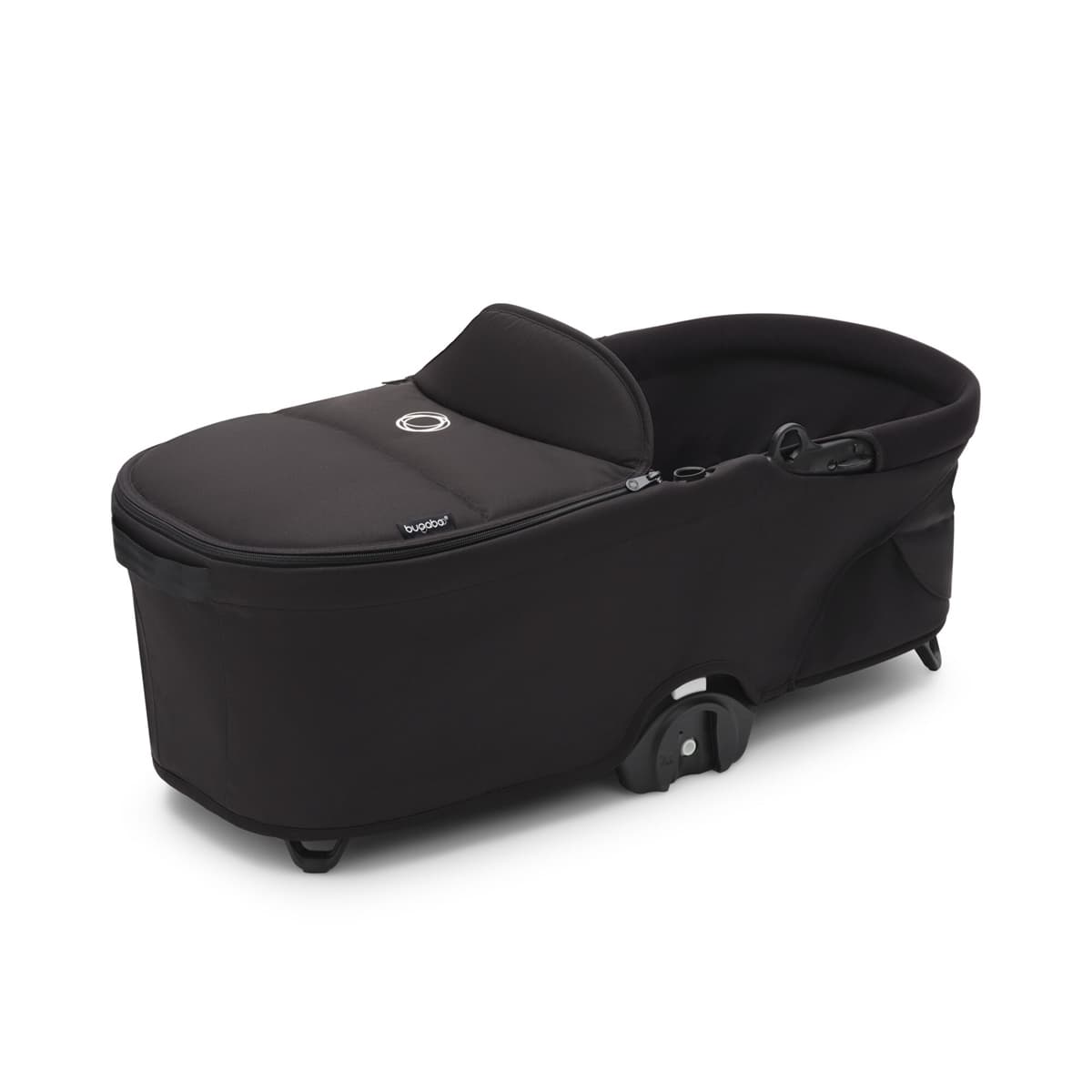 Black Bugaboo Dragonfly Carrycot Complete features a soft fabric exterior, a padded interior, and a sleek design with a large, comfortable sleeping area and easy-to-use wheels.