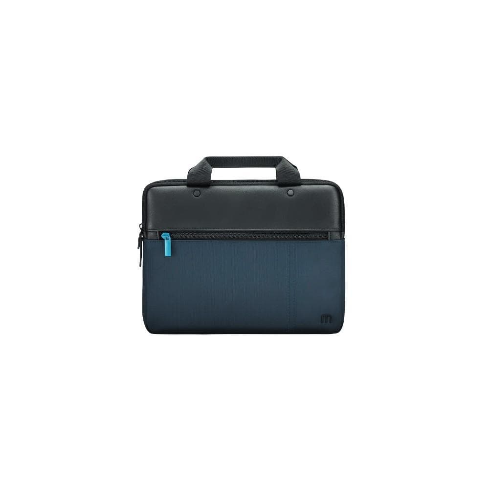 Compact navy blue satchel with a black top, featuring a zippered front pocket and a sturdy handle, designed for 11-14 inch devices, made by Mobilis.