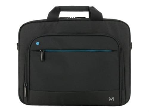 Black Mobilis briefcase measuring 40.6 cm (16"), featuring a front zip pocket, blue accent, durable fabric, and dual top handles for easy carrying.