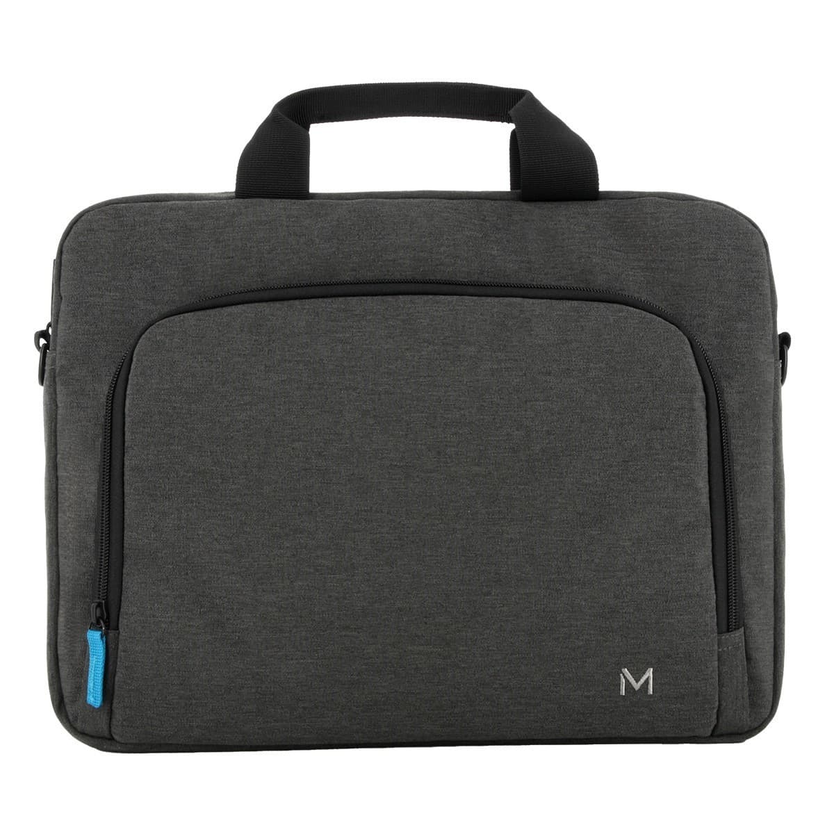 Dark grey briefcase with a textured fabric, featuring a front zip pocket, dual top handles, and a blue zipper pull, suitable for a 14-inch laptop.