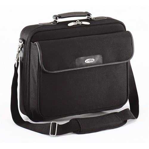 Black Targus laptop bag designed for up to 16-inch laptops, featuring a padded compartment, detachable shoulder strap, and clamshell design with a front flap pocket.