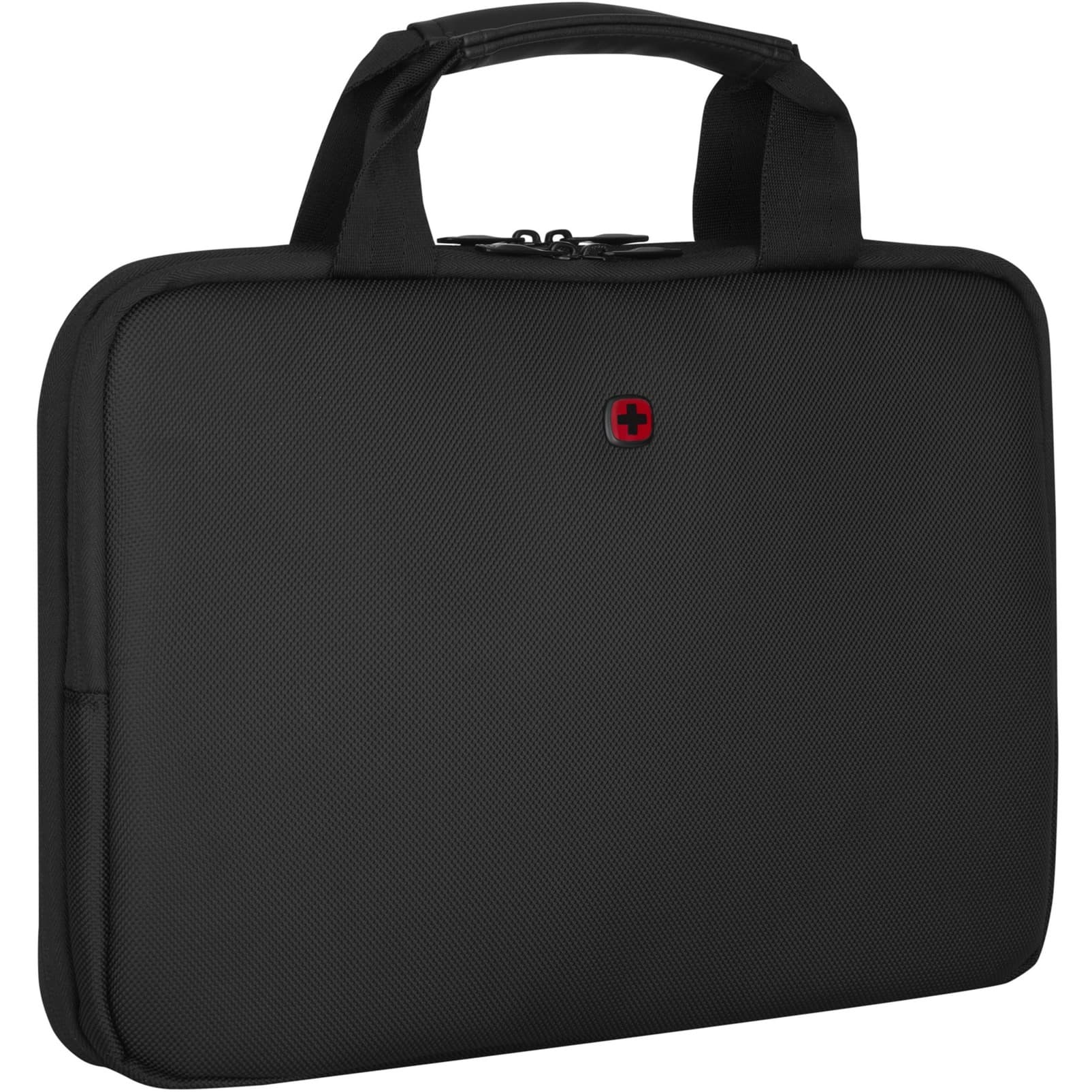 Black Wenger 653179 laptop sleeve made from durable material, featuring a zip closure, dual handles, and a red Swiss cross logo, designed for laptops up to 35.6 cm (14").