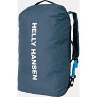 Blue Helly Hansen Canyon Duffel Pack 65L with white logo, adjustable straps, and top handle.