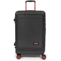 Black Eastpak trolley spinner suitcase with red wheels and handle, large front panel, and Resist'r Zip feature.
