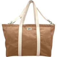 Beige Hindbag Jean tote bag with white straps and small logo patch on front.