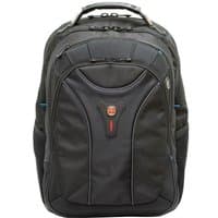 Black Wenger/SwissGear 17" notebook backpack with padded compartments, ergonomic handle, and red logo accent.