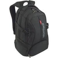 Black Wenger/SwissGear Transit backpack with padded straps, multiple zippered compartments, and red zipper accents.