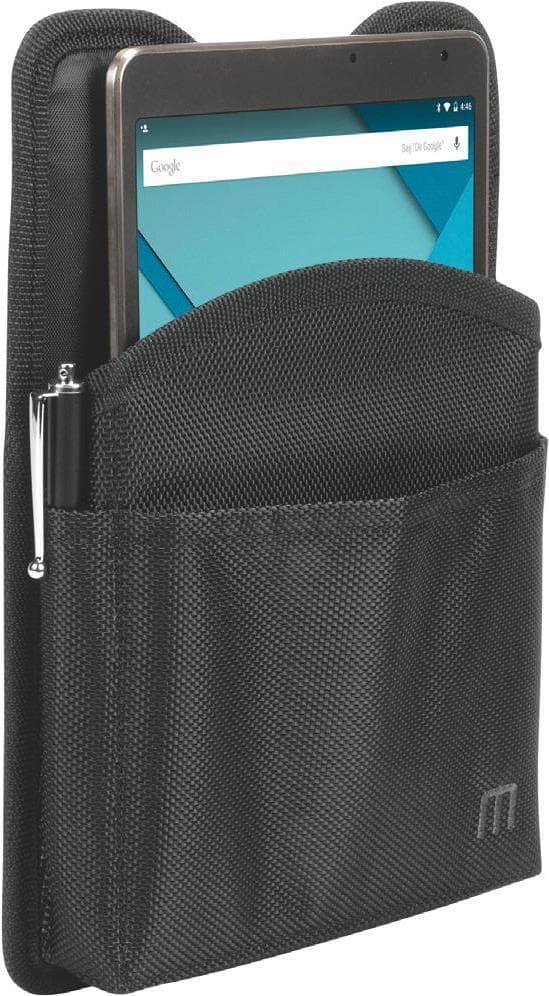 Black Mobilis Refuge holster made of durable fabric, designed for a 10" tablet, featuring a front pocket for a pen and a sleek, minimalist design.