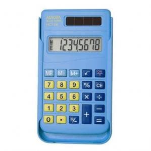 Light blue handheld calculator with a large LCD display, yellow and blue buttons, and a solar panel on top, featuring basic arithmetic functions and memory keys.