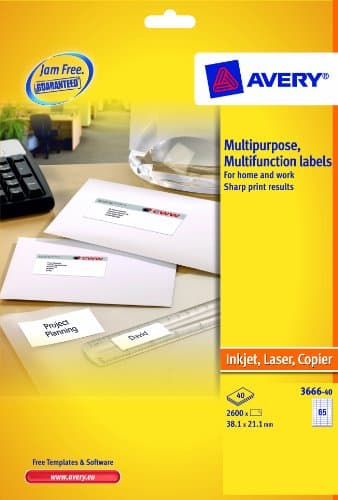 Avery 3666 multipurpose labels pack featuring 40 sheets, 65 white labels per sheet, suitable for inkjet, laser, and copier use, with a bright yellow packaging background.