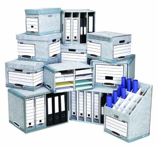 Bankers Box FSC System File Store Module Pack includes five blue and white patterned storage boxes with labels, various sizes, and compartments for organizing files and documents.
