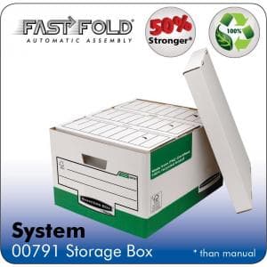 Green storage box pack of 10, made of sturdy cardboard, featuring automatic assembly, labeled sections, and a secure lid for easy organization and storage.