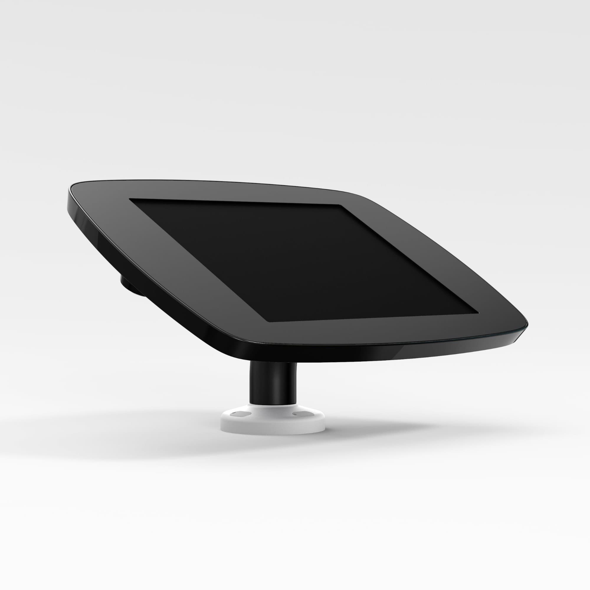 Black Bouncepad Swivel Desk for Microsoft Surface Go 2 features a sleek design with a flat screen holder and a sturdy base for secure positioning.