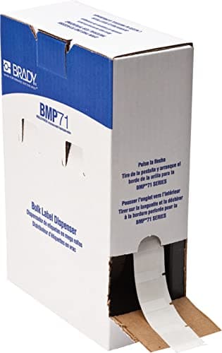 White vinyl wraparound label rolls in a bulk dispenser box by Brady, featuring a clean design and easy access for label dispensing.