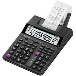Black Casio HR-150RCE calculator with dual power, featuring a 12-digit display, a numeric keypad, and a built-in printer for receipts.