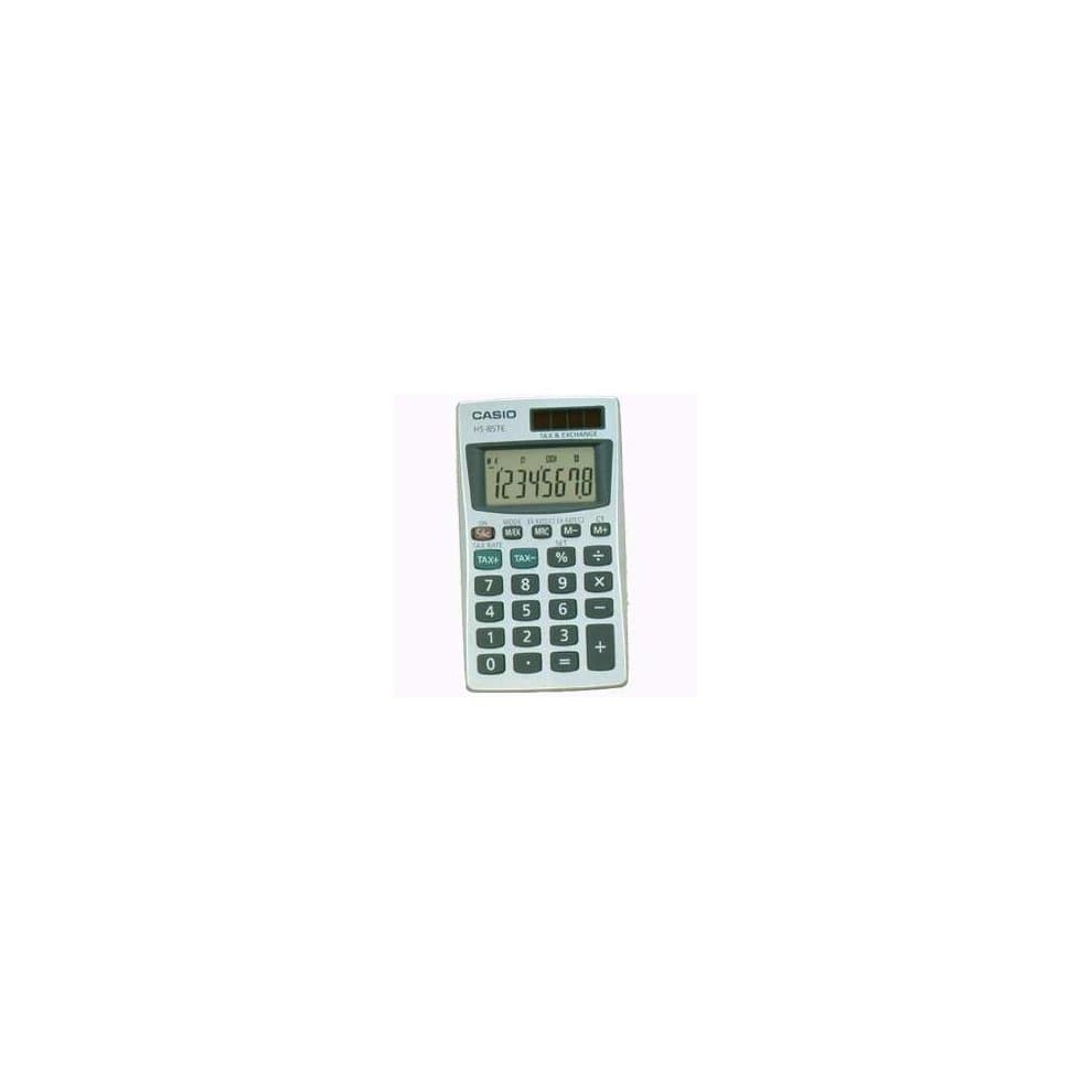 Casio HS-85TE handheld calculator in grey and white, featuring a large display, numeric keypad, and function keys for basic calculations.