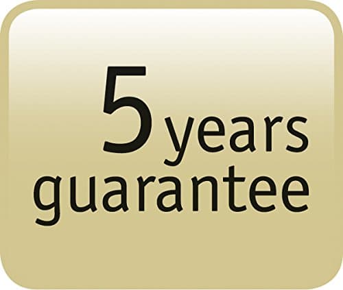 Gold rectangular badge featuring bold black text that reads "5 years guarantee."