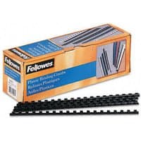 Fellowes 19mm black plastic binding combs, 100 pack, with orange and blue box displaying product image.