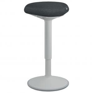 Light grey Sit Stand Chair by Leitz features a padded, dark grey seat on a sleek white base, designed for ergonomic support and adjustable height.