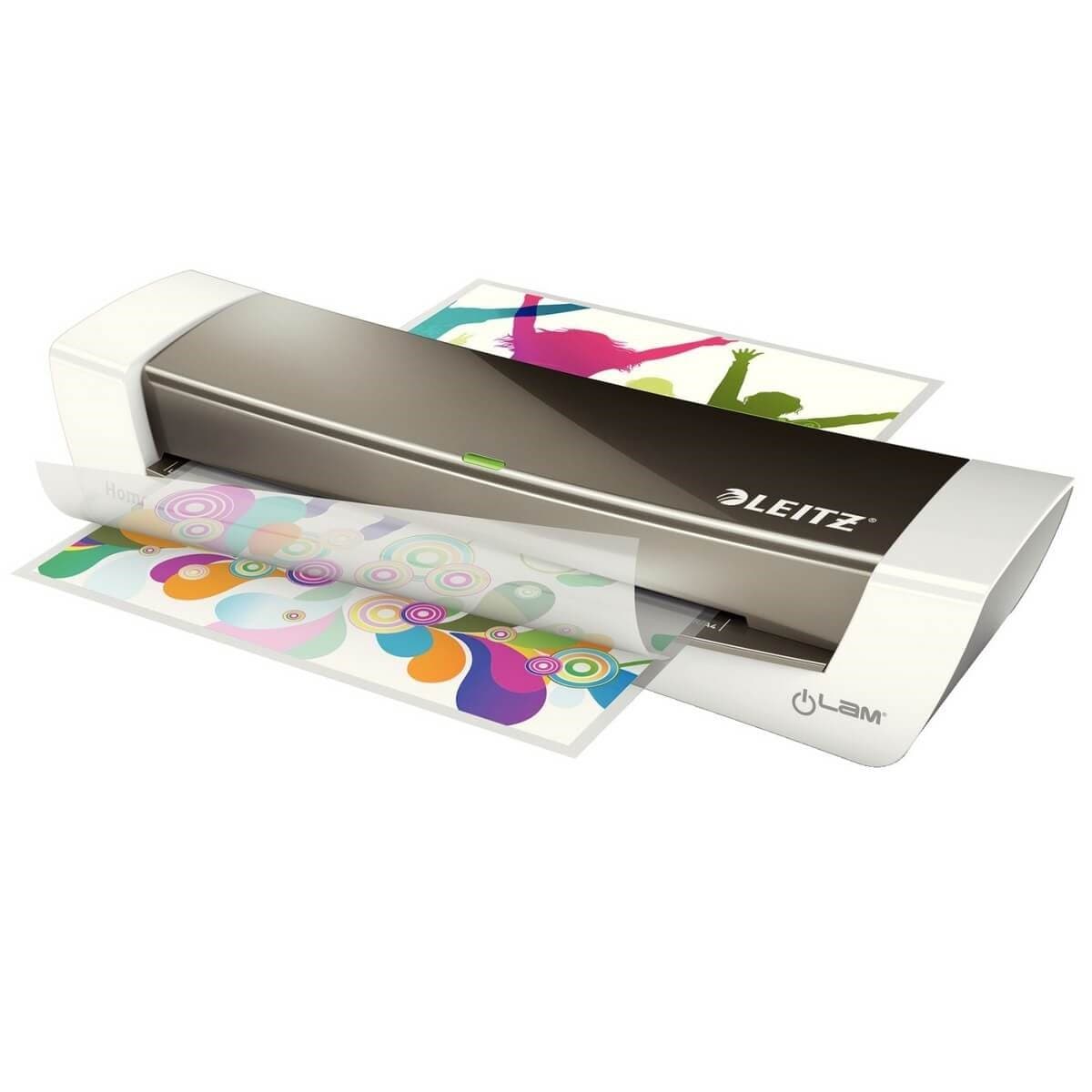 Leitz ILam A4 laminator in grey with a sleek design, featuring a glossy finish, and colorful laminated sheets being processed.
