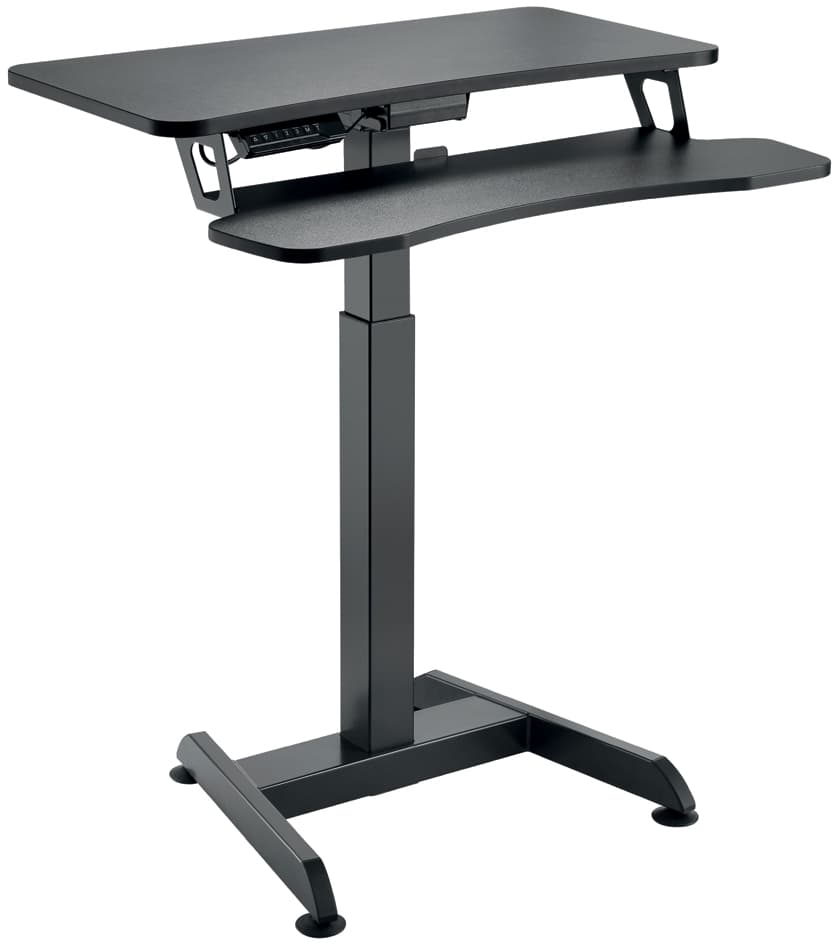Black LogiLink EO0014 computer desk featuring a sleek design with a sturdy metal frame, adjustable height, and a spacious top surface for monitors and workspace.