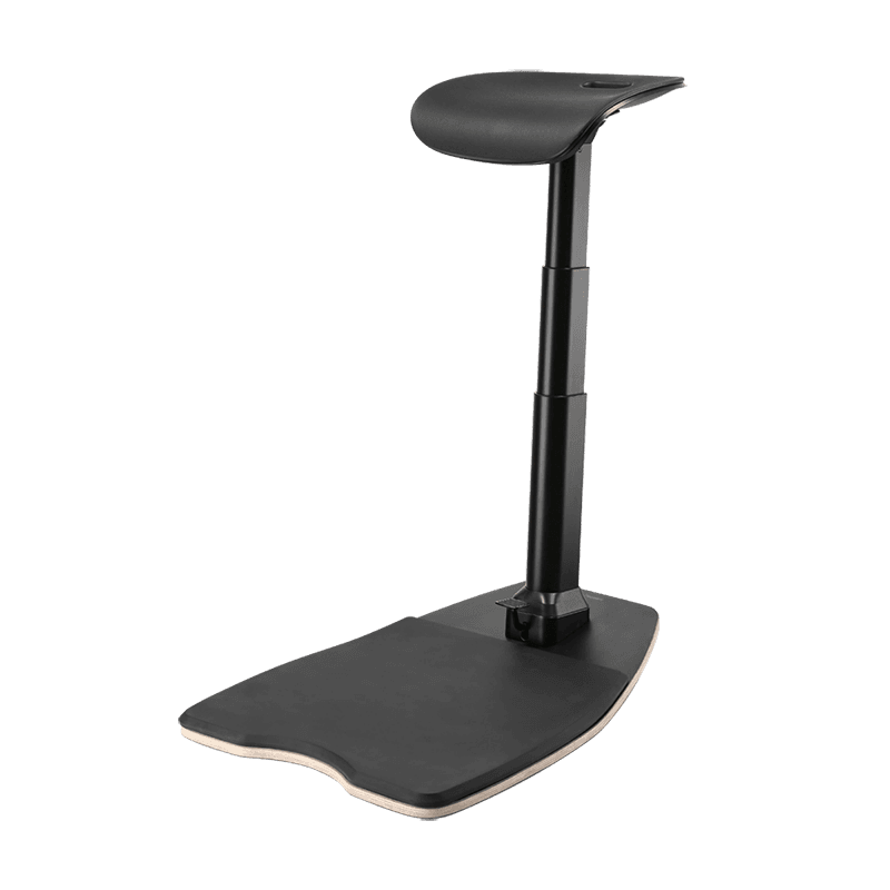 Ergonomic sit-stand stool in black with a contoured seat, adjustable height, and a sturdy anti-fatigue mat base for comfort during prolonged use.