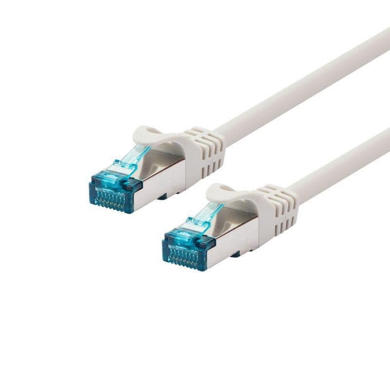White Ethernet cable with transparent blue connectors on both ends, featuring a slim design and flexible material, suitable for networking applications.