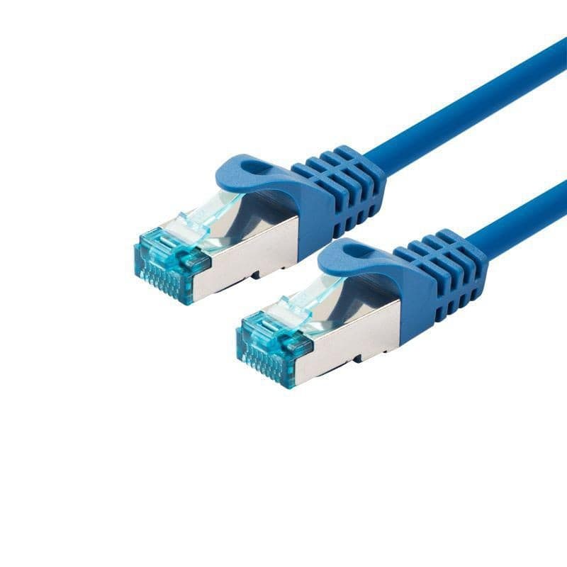 Blue Ethernet cable, 15 meters long, featuring transparent connectors with a locking clip, designed for professional network connections.