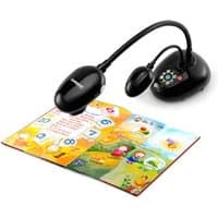 Black Lumens PC193 document camera with flexible arm, circular base, and control buttons, capturing colorful open book.