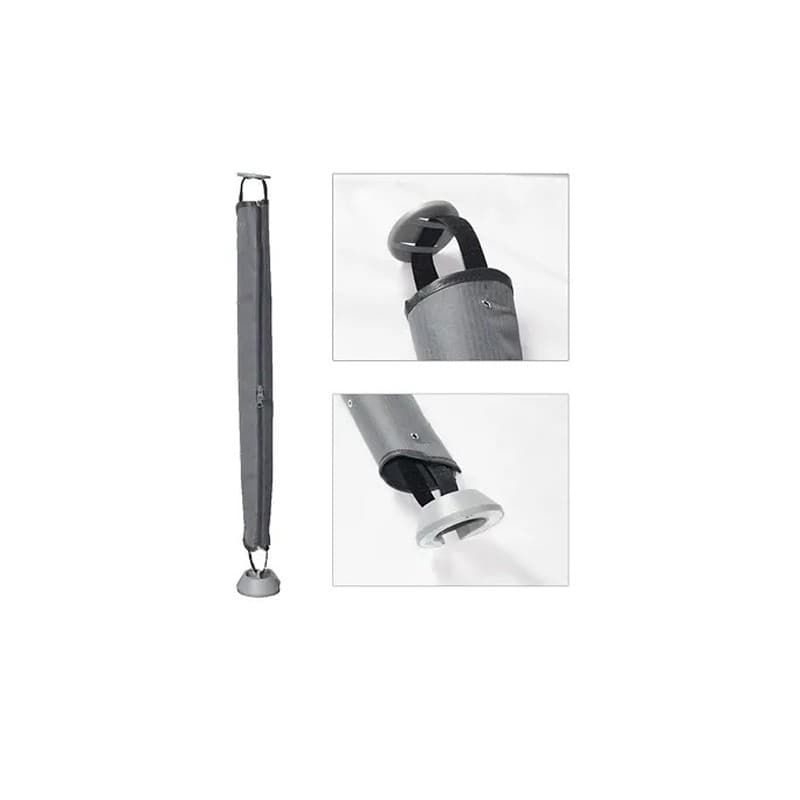 Silver fabric slinky with a weighted base, featuring an up/down zip mechanism and a sleek design, ideal for versatile display setups.