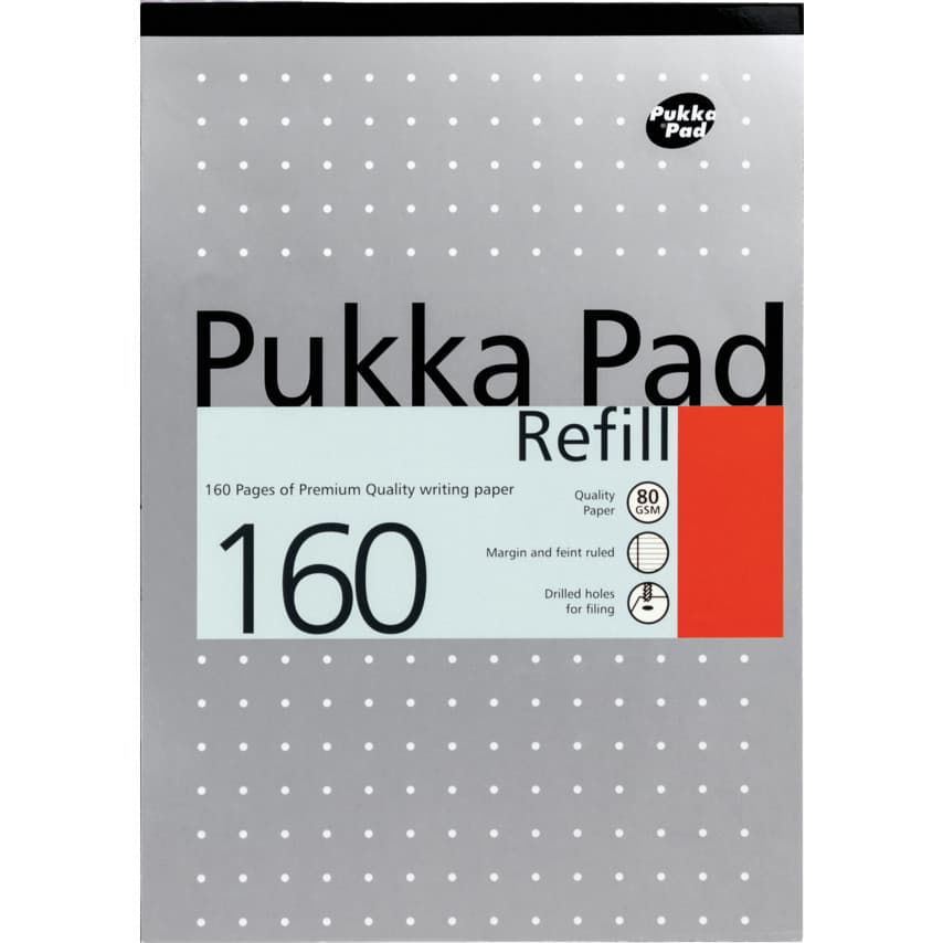 Pukka Pad A4 refill pad with 160 ruled pages, featuring a metallic silver cover with a dotted pattern and a bold red label indicating "Refill" and "160."
