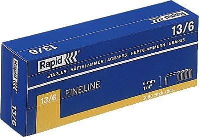 Blue and yellow box of Rapid 13/6 staples, containing 5000 staples, featuring a fineline design and labeled with dimensions of 6 mm and 1/4 inch.