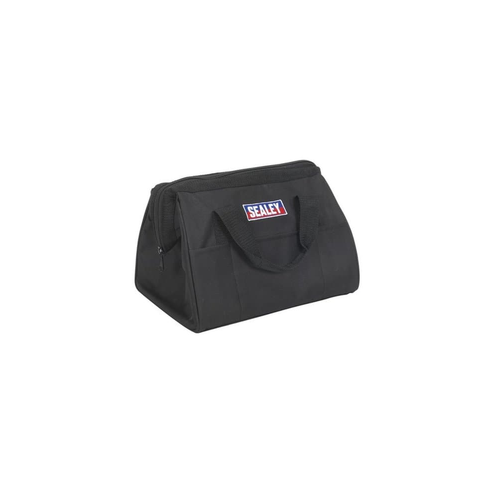 Black canvas tool storage bag with a sturdy handle, featuring a zippered top and external pockets, branded with a blue and red Sealey logo.