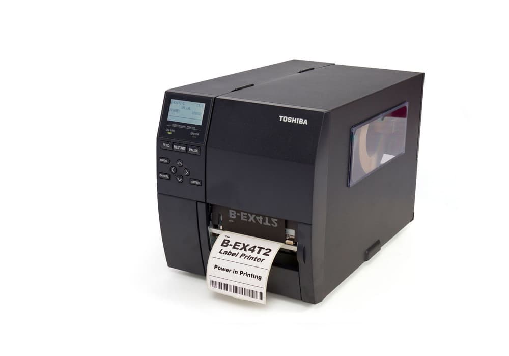 Toshiba B-EX4T2 label printer in black with a digital display, control buttons, and a label output slot, showcasing a printed label that reads "B-EX4T2 Label Printer."