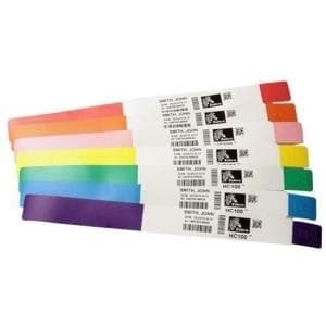 Self-adhesive Zebra Z-Band Splash labels in various colors, including orange, pink, yellow, and purple, with printed barcodes and identification details.