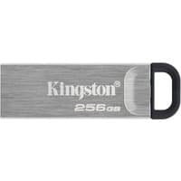 Silver Kingston 256GB Kyson USB flash drive with black loop and brushed metal finish.