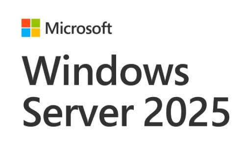 Microsoft logo in the top left corner with colorful squares, followed by bold text reading "Windows Server 2025" in black, indicating software licensing.