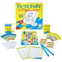 Pictionary board game with yellow box, timer, cards, drawing pads, and blue markers.