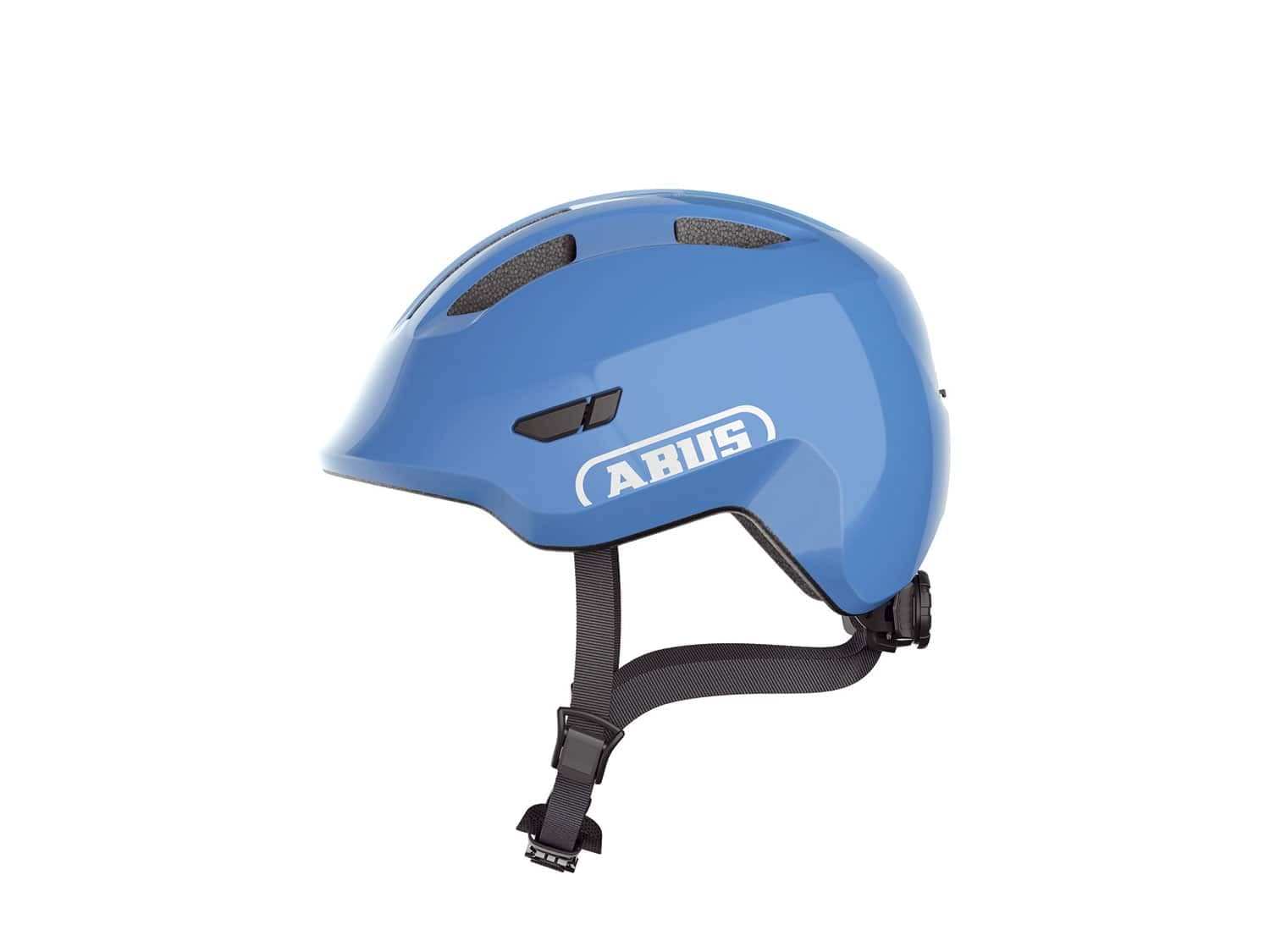 Shiny blue Abus Smiley 3.0 kids helmet in medium size, featuring ventilation slots, adjustable chin strap, and a smooth, durable outer shell.
