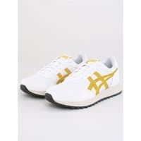 White Asics Tiger Runner II sneakers with hornet yellow stripes, black soles, and lace-up closure, size 7.