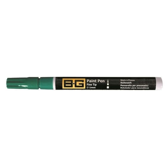 B-G Racing Fine Tip Tyre Paint Marker Pen in green, featuring a fine 1mm tip and a sleek black barrel with the B-G logo prominently displayed.