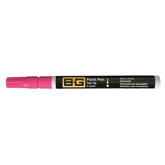 B-G Racing Fine Tip Tyre Paint Marker Pen in vibrant pink, featuring a fine tip for precise application, with a black barrel and clear labeling for easy identification.