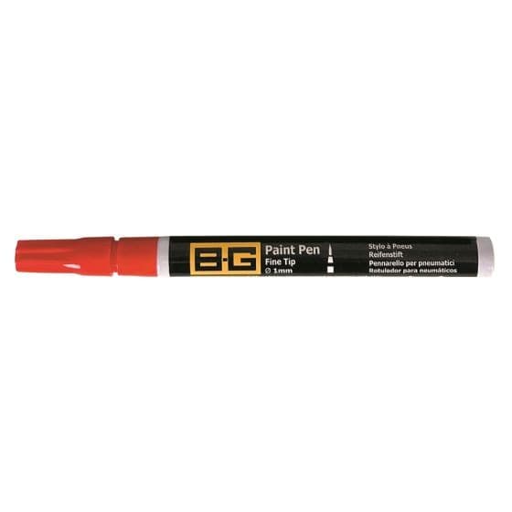 B-G Racing Fine Tip Tyre Paint Marker Pen in red, featuring a fine tip for precision, with a black barrel and yellow branding, ideal for marking tyres.