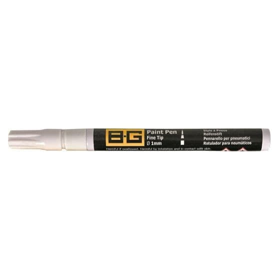 B-G Racing Fine Tip Tyre Paint Marker Pen in white, featuring a fine 1mm tip for precise application, with branding and multilingual instructions on the barrel.