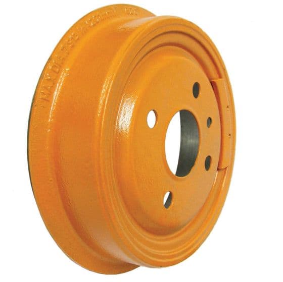 Bright orange brake caliper and engine bay paint with a smooth, glossy finish, featuring a circular shape and multiple holes for mounting.